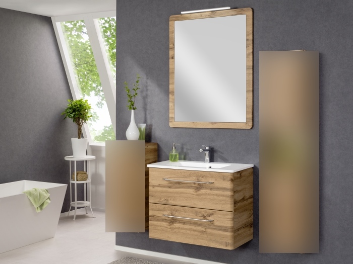 Badezimmer Beta in Eiche 3 teilig mit Waschbeckenunterschrank inklusive  Becken, Spiegelschrank und Beleuchtung | Homezone
