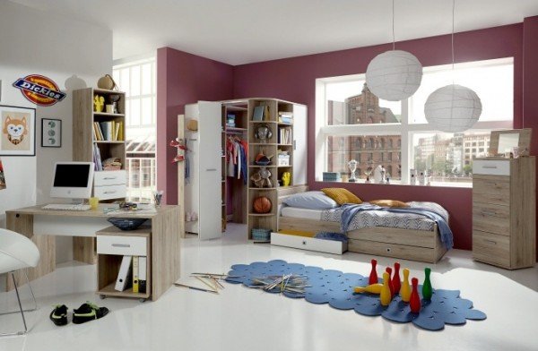 Jugendzimmer Joker in Eiche San Remo und Weiß 6 teiliges Superset mit Eckkleiderschrank, Bett inklus